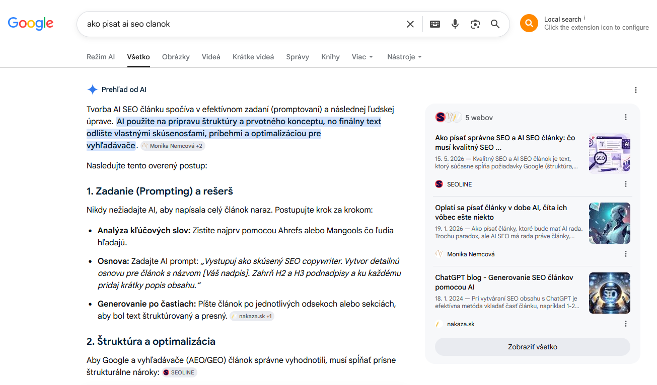 Google AI Overview — citácia SEOLINE pri dopyte „ako písať ai seo článok“. 
