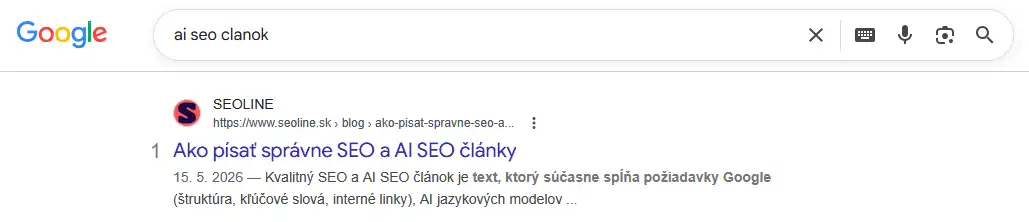Google SERP — dopyt „ai seo článok“, pozícia 1. 