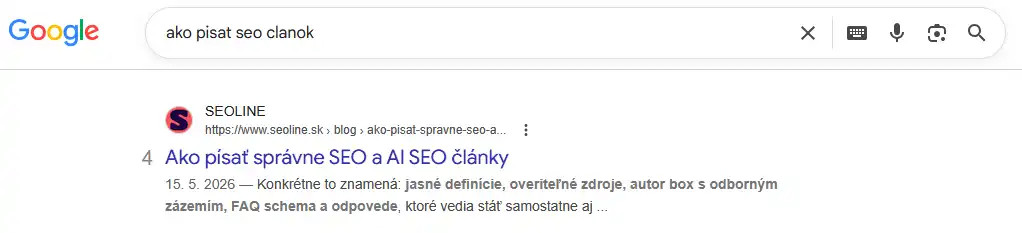 Google SERP — dopyt „ako písať seo článok“, pozícia 4. 