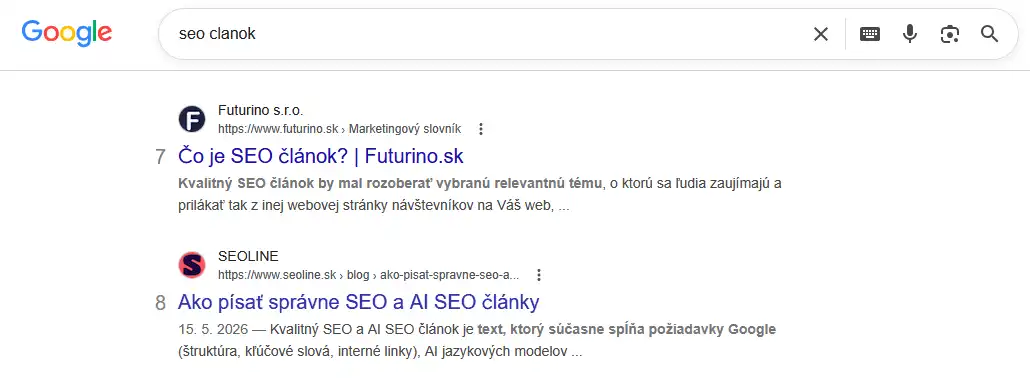 Google SERP — dopyt „seo článok“, pozícia 8.